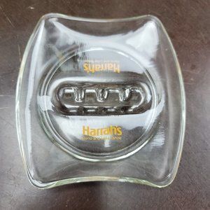 Ashtray Vintage Harrahs Reno and Lake Tahoe Rectangular Clear Glass‎ Gold Logo